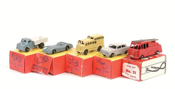 Fun Ho - A Group of Cars and Commercials: Fun Ho group of Cars and Commercial vehicles. (1) No.3 Austin Truck - metallic silver-blue, ivory back, (2) No.7 BOAC Bus - avocado green, (3) No.10 Ford Fallon - grey (in incorrect box for No.34 Hold