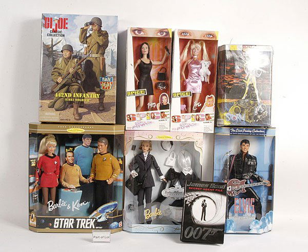 A Group of TV & Film Related Action Figures: TV & Film related a mixed group of Action figures. To include, Mattel Star Trek Gift Set with Barbie & Ken figures, 4 x Spice Girls Dolls, Elvis Presley figure with guitar, GI Joe Classic Collection 4