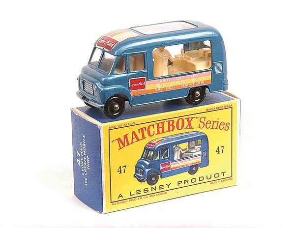 Matchbox No.47b Commer Ice Cream Van: Matchbox Regular Wheels - No.47b Commer Ice Cream Van - metallic blue, cream interior with tall figure, large square roof decal, side decals are pale pink, lime green and orange, clip-fit baseplate, k