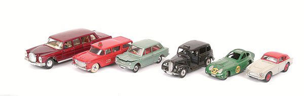 Dinky - A Group of 6 x Unboxed Cars: Dinky a group of unboxed Cars. (1) Austin Taxi - black, spun hubs, some overpainting to roof, (2) AC Aceca - grey, red, (3) Fire Chief's Car - red, spun hubs, (4) Hillman Imp - metallic green, body lo