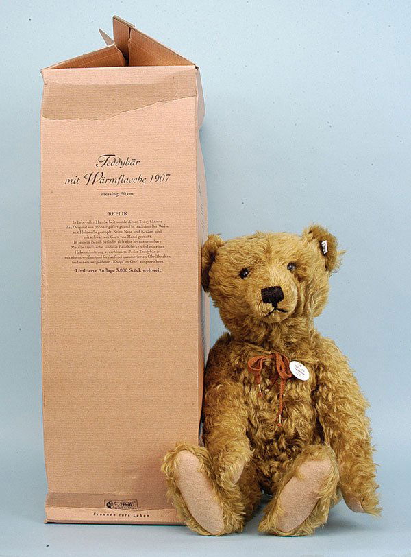 Steiff Teddy with Hot Water Bottle: Steiff Teddy Bear with hot water bottle 1907 replica, 2001, white tag 406621, LE 3000, brass mohair, chest tag, certificate, Mint in Good (crushed) box, 19.75"/50cm.
