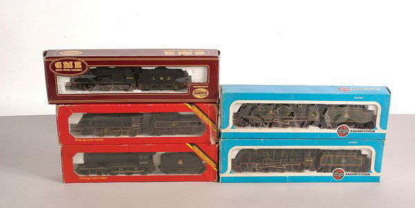 Airfix 4-6-0 "Lancashire Fusiliers" & Others: Airfix 4-6-0 Loco and Tender BR green "Lancashire Fusiliers", 4-6-0 Loco and Tender BR green "Scots Guardsman", 0-6-0 Fowler Loco and Tender LMS black. Hornby Railways 2-6-0 Ivatt Class 2 Loco and Ten