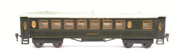 Rare Marklin Gauge 1 Pullman Coach "JEFFERSON": Rare Marklin Gauge 1 American Pullman Coach "JEFFERSON". Finished in green with dark green and orange lining with gold Pullman and Jefferson transfers to coach sides. The coach has no buffers, fitted