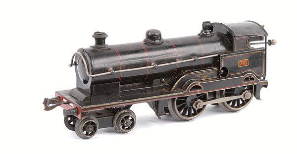 Bing for Bassett-Lowke 4-4-0 "GEORGE V" No.2663: Bing for Bassett-Lowke 4-4-0 (note Loco only) "GEORGE V" black No.2663, Clockwork. Some damage to cab roof otherwise Good Plus.
