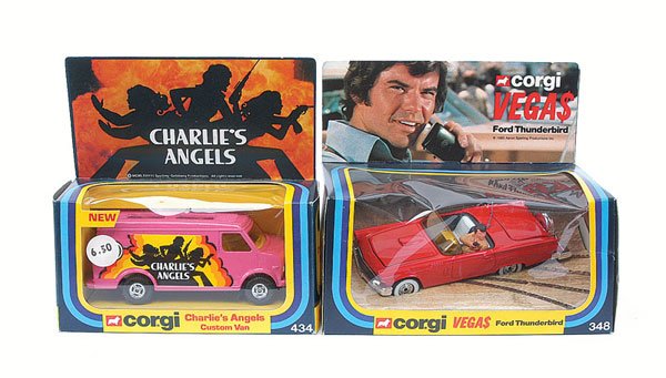 Corgi - No.434 "Charlie's Angels" Custom Van: Corgi - No.434 "Charlie's Angels" Custom Van - pink, 4-spoked wheels - Mint in Excellent Plus window box and No.348 "Vegas" Ford Thunderbird - red, white and black interior with plastic figure, aerial