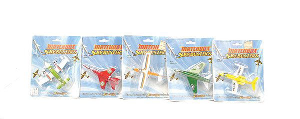 Matchbox Sky-Busters - A Group of 5: Matchbox - Sky-Busters group of 5 to include No.SB14 Cessna - orange, white, No.SP1 Lear Jet - yellow, white, No.SP4 Mirage - metallic red, No.SP2 Corsair - metallic green, white and No.SP9 Cessna - m