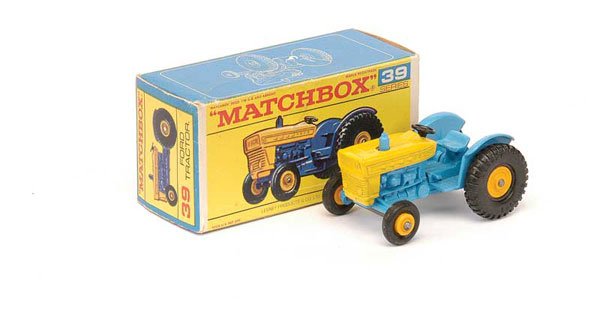 Matchbox No.39c Ford Tractor: Matchbox Regular Wheels - No.39c Ford Tractor - light blue chassis with short exhaust stack, yellow hood - Near Mint in Good Plus type F box.