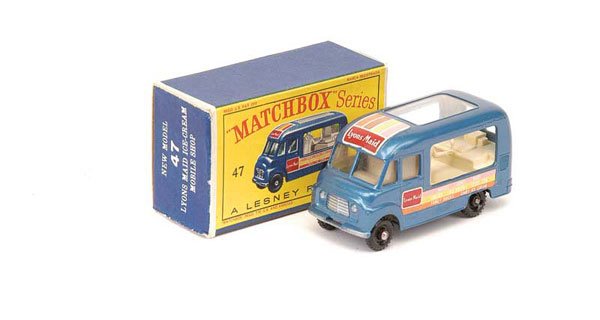 Matchbox No.47b Commer Lyons Maid Ice-Cream Van: Matchbox Regular Wheels - No.47b Commer Lyons Maid Ice-Cream Van - metallic blue, cream interior with tall figure, large square roof decal, side decals are pale pink, lime green and orange, clip-fit b