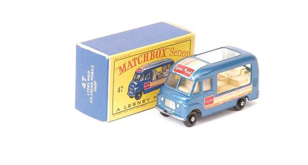 Matchbox No.47b Commer Lyons Maid Ice-Cream Van: Matchbox Regular Wheels - No.47b Commer Lyons Maid Ice-Cream Van - metallic blue, cream interior with short figure, large square roof decal, side decals are pale pink, lime green and orange, clip-fit