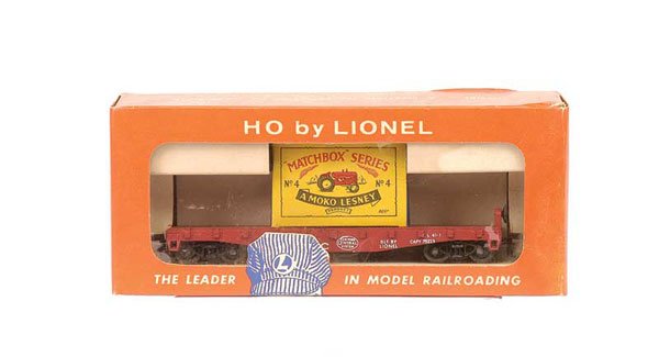 Matchbox Lionel HO No.0808 NYC Flatcar: Matchbox - Lionel HO No.0808 NYC Flatcar with No.4b Massey Harris Tractor Load - flatcar is Near Mint, tractor has tan driver, metal wheels - Excellent Plus in Excellent to Excellent Plus type B Moko