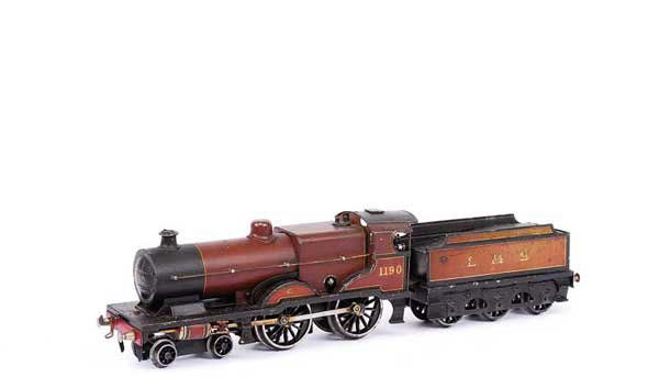 Bassett-Lowke 4-4-0 LMS Maroon "Compound" #1190: Bassett-Lowke O Gauge 4-4-0 Loco and Tender LMS maroon "Compound" No.1190, Clockwork. Good.