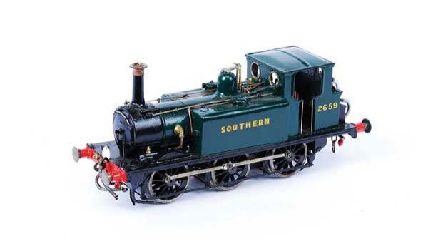 Scratchbuilt 0-6-0 Tank Loco "TERRIER" No.2659: Scratchbuilt O Gauge 0-6-0 Tank Loco "TERRIER" Southern green No.2659, 2-rail Electric. Finished in green with Southern lettering to tank sides and running number 2659 to cabsides. Good.