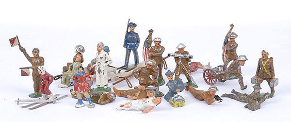 Barclay, Manoil & Similar Makers - Dimestore: Barclay, Manoil & Similar Makers - Dimestore Figures, comprising: a quantity of 7-8cm scale "Dimestore" military type figures & accessories, includes - Radio Operator, Nurse, Soldier pulling wheeled G