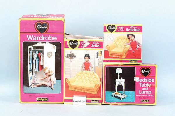 Pedigree Sindy Camping Buggy and Furniture: Pedigree Sindy Camping Buggy and Furniture: (1) Wardrobe, 1970s, plastic yellowed, box, Good; (2) Armchair, 1970s, #44517, yellow, box, Good Plus; (3) Settee, 1970s, #44518, box, Good Plus; (4) Bed an