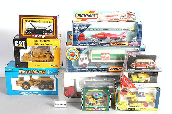 A Mixed Group of Diecast Vehicles: Matchbox, Siku, Ertl, Corgi Classics a quantity consisting of Matchbox Superking K106 Aircraft Transporter, K124 Mercedes Benz Refrigerated Truck 7UP, Ertl Caterpillar D10N, Siku 2922 Cement Mixer, Co