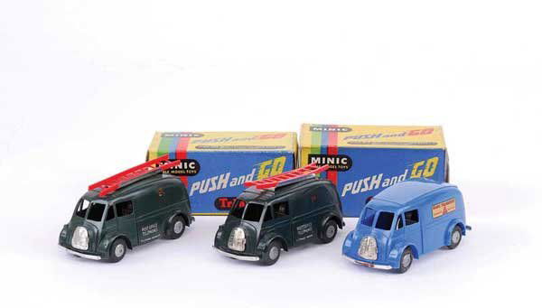Triang Push and Go Morris Light Van "Minic": Triang Push and Go Morris Light Van "Minic Transport" - blue - Near Mint in Good Plus all carded box, another but "Post Office Telephones" - green, red roof ladder - Near Mint in Good Plus all carded