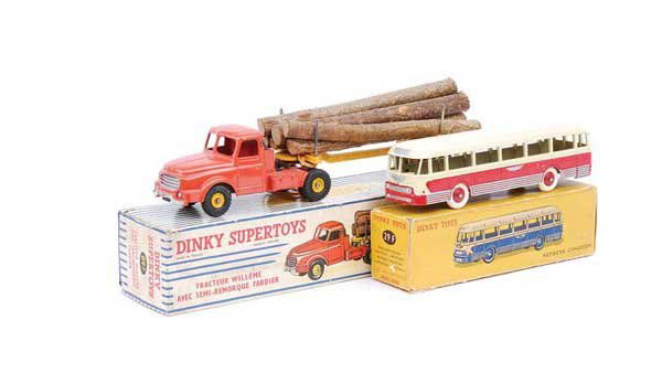 French Dinky - Log Lorry and Bus: French Dinky Log Lorry and Bus. (1) No.897 Willeme Tractor Unit with Log Trailer - orange Prime Mover with yellow Trailer and load of 6 x wooden logs, (2) No.29F Chausson Autocar Single Decker Bus - r
