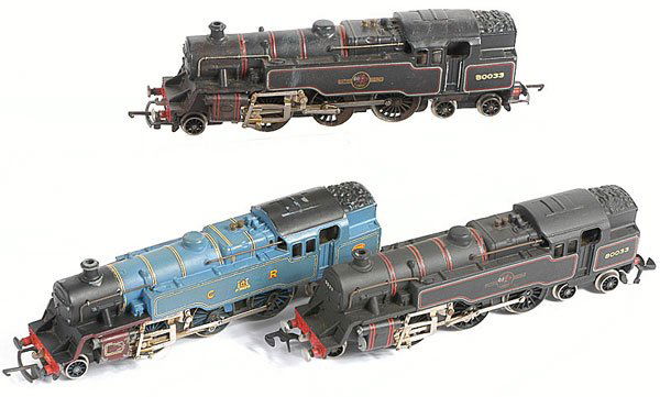 Wrenn - A Trio of 2-6-4 Tank Locos: Wrenn a trio of 2-6-4 Tank Locos comprising Caledonian Railway blue livery No.2085, 2 x BR black livery No.80033 (one with Hornby Dublo style couplings), conditions Fair to Good Plus. (3)