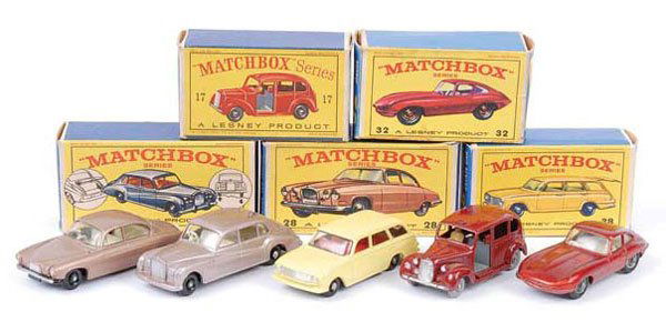 Matchbox Regular Wheels No.17C Austin "Taxi": Matchbox Regular Wheels No.17C Austin "Taxi" - maroon, dark grey base and plastic wheels, tan driver, No.28C Jaguar Mk.10 - metallic brown, cream interior, black plastic wheels, No.32B Jaguar E-type -