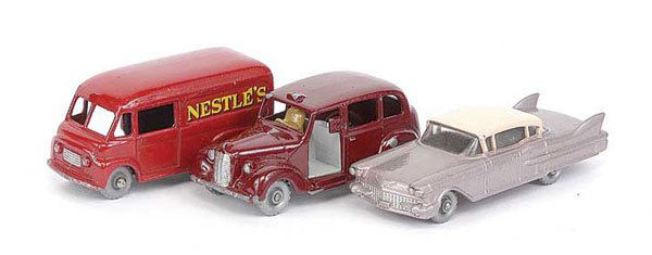 Matchbox Regular Wheels - A Group of 3: Matchbox Regular Wheels group of 3 to include (1) No.17c Austin "Taxi" - dark maroon, light grey base and interior, silver plastic wheels - Good Plus, (2) No.27c Cadillac Sixty Special - metallic lila