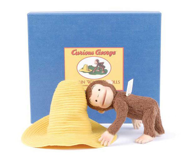 R. John Wright - Curious George & The Yellow Hat: R. John Wright - Curious George & The Yellow Hat, 2001, LE 309/500, brown alpaca fully jointed Chimp, tag to bottom, certificate and registration card, in presentation box, Mint in card sleeve, 9"/23c