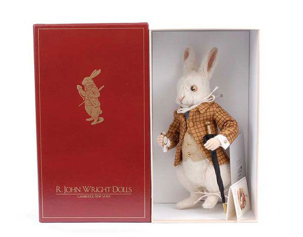 R. John Wright - Alice in Wonderland: R. John Wright - Alice in Wonderland - The White Rabbit, 2005, LE 141/500, white mohair and wool felt jointed Rabbit with umbrella, tags to back, certificate and booklet, presentation box, Mint in car