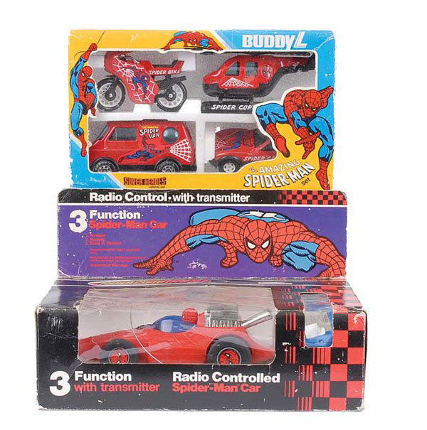 Spiderman Car & Vehicle Sets: Spiderman Car & Vehicle Sets, boxed - Buddy L - 4 piece Super Heroes Vehicle Set comprising Motor Bike, Helicopter, Van and Car, contents Mint in Good Plus box; Spiderman remote control Car No.6852, 3