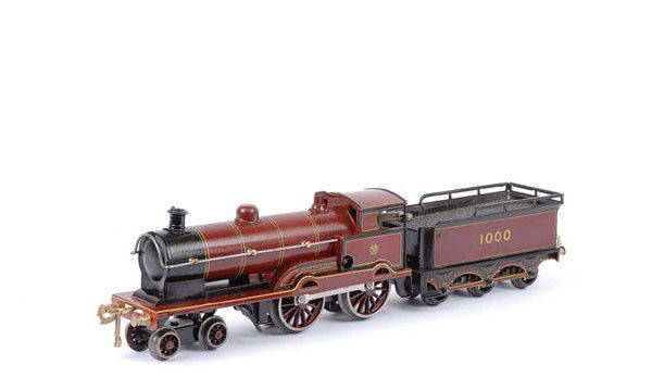 Bing/Bassett-Lowke 4-4-0 "GEORGE V" No.1000: Bing for Bassett-Lowke 4-4-0 Loco and Tender LMS maroon "GEORGE V" No.1000, Clockwork. Marked underneath Bassett-Lowke London & Northampton foreign make, overall condition is Excellent.