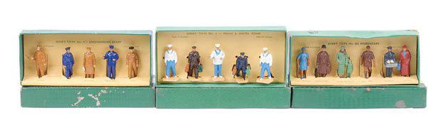 Hornby O Gauge Post-war Dinky Toy Sets: Hornby O Gauge post-war Dinky Toy Sets consisting of No.003 Passengers, No.5 Train and Hotel Staff and No.4 Engineering Staff. Condition varies from Excellent to Near Mint in Good to Excellent boxes.