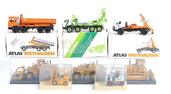 Conrad/Old Cars - Construction Vehicles: Conrad, Old Cars a mixed group of Construction Vehicles. To include Conrad Mercedes Benz 8-wheel Cement Mixer "Stetter" (sticker removed from rear barrel mixer, Conrad Man 8-wheel Tipper Truck, Conrad