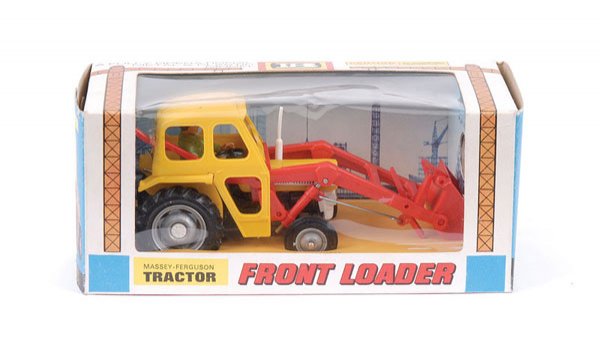 Britains No.9572 Massey Ferguson Front Loader: Britains No.9572 Massey Ferguson 135 Front Loader - yellow, white, red, grey, figure driver - Mint in Excellent Plus window box.