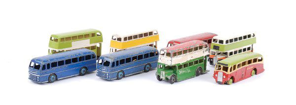 Dinky - A Group of Buses: Dinky Buses including - 3 x Leyland Tiger and AEC 1st type Double Decker - all Fair. Together with repainted AEC type 1, 2 x AEC type 2 and Luxury Coach - all rather crudely painted. (8)