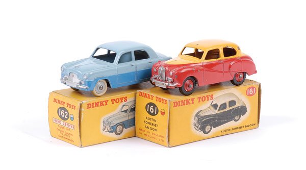 Dinky No.161 Austin Somerset Saloon & Others: Dinky boxed Cars (1) No.161 Austin Somerset Saloon - two tone, yellow over red with red ridged hubs - Good in Good correct colour spot box, (2) No.162 Ford Zephyr Saloon - two tone blue with grey ridg