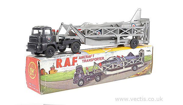 OK Toys RAF Aircraft Transporter Lorry: OK Toys (Hong Kong) RAF Aircraft Transporter Lorry - scarce example featuring very dark blue Leyland Tractor Unit with LAD cab, "Queen Mary" Trailer, with English Electric Lightning Fighter parts whic