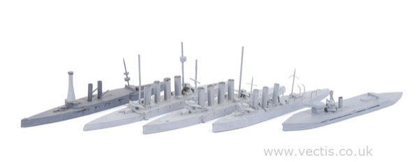 Bassett-Lowke or similar WW1 Capitol Ships: Bassett-Lowke or similar make wooden 1/1200 scale models of World War 1 Capitol Ships including - HMS Cresey and another similar - both with 4 funnels. Monitor Erebus, USS Dakota with 2 funnels and an