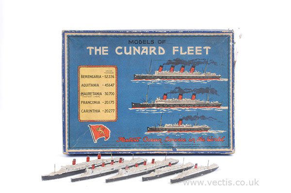 Chad Valley Waterline Ship Set "Cunard Fleet": Chad Valley Waterline Ship Set "The Cunard Fleet - Fastest Ocean Service in the World" consisting of 5 hollowcast lead ship models - Berengaria, Aquitania, Moratania, Franconia and Corinthian. Three h