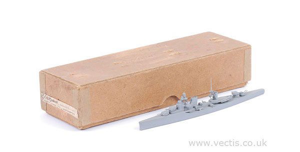 Bassett-Lowke Waterline Ship "Cadorna": Bassett-Lowke wooden Waterline Ship Italian Navy I7 "Cadorna". Built to 1/1200th scale and finished in Battleship grey with narrow Wartime label to base in plain card box with a narrow Wartime Bassett