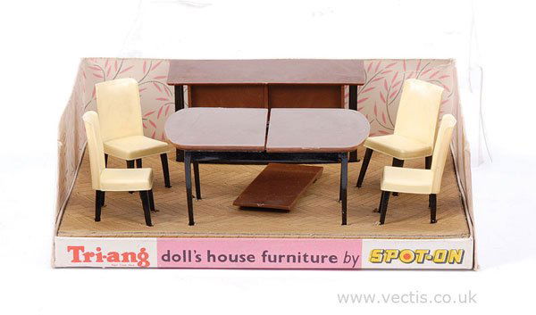 Triang Spot-on Dining Room Set: Triang Spot-on Dining Room Set - extending table, sideboard and 4 chairs - all Near Mint in Good display box with clear plastic lid, split to one corner.