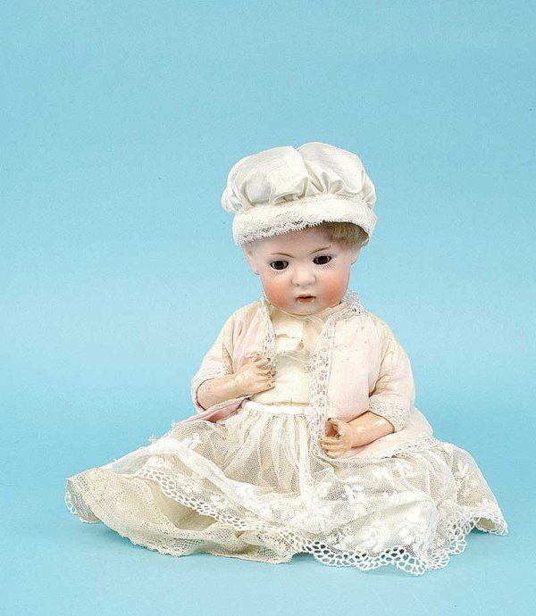 Bahr & Proschild/Bruno Schmidt Bisque Doll: Bahr & Proschild/Bruno Schmidt bisque character Doll, German, c1911, impressed 4 BSW within heart 2027 - 3, weighted brown eyes, open mouth, blond mohair wig and pate, five piece curved limb compositi