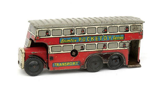 6 wheeled Pre-war London Bus by Brimtoy Pocketoy: A small scale model of a 6 wheeled Pre-war London Bus by Brimtoy Pocketoy - red, white window surround and radiator grille, grey roof, black plastic wheels, clockwork operation - Good Plus.