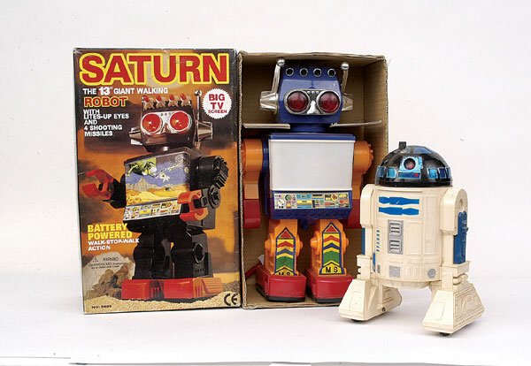 Saturn 13" Walking Robot & CP30 from Star Wars: A pair - (1) Saturn 13" giant Walking Robot with "TV Screen" - plastic item is blue, orange, red, battery operation over 30cm - Near Mint in Good Plus colourfully illustrated box, (2) CP30 model from