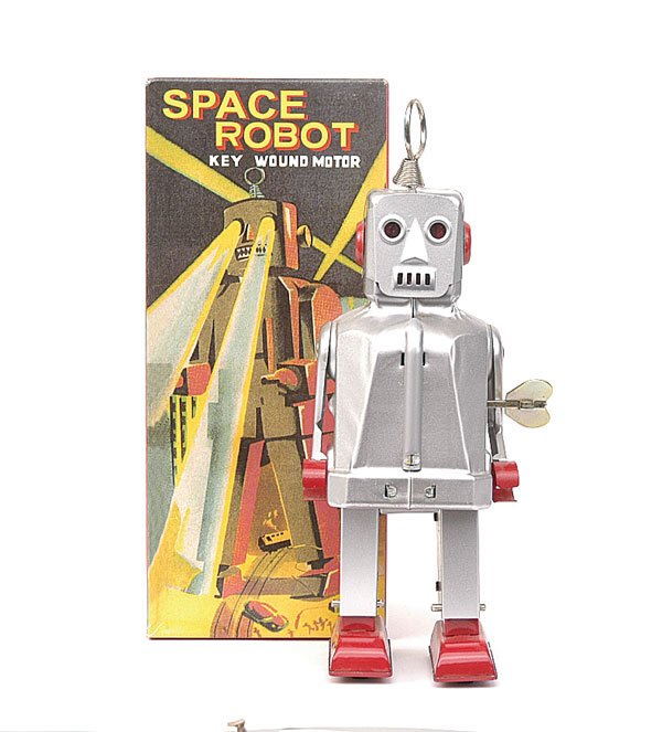 "Space Robot" Made in China: A tinplate clockwork "Space Robot" of recent production Made in China - silver, red with limited edition certificate from Robert Johnson of the USA - Mint boxed.