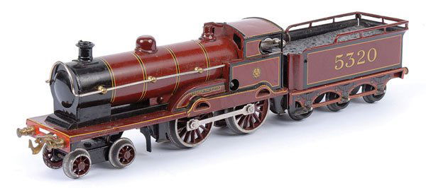 Bassett-Lowke 4-4-0 "GEORGE V" No.5320: Bassett-Lowke O Gauge 4-4-0 Loco and Tender LMS maroon "GEORGE V" No.5320, Clockwork. Trade mark transfer to the underside of the front running plate and the rear of the tender. Overall condition is E