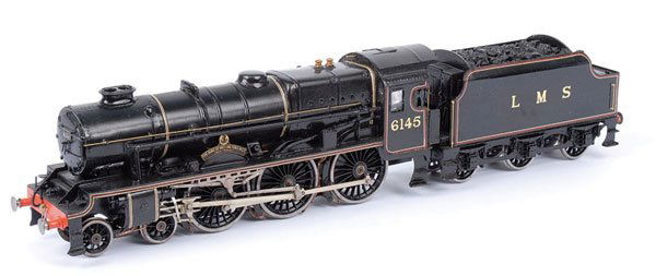 Kitbuilt 4-6-0 "DUKE OF WELLINGTONS REGT" #6145: Kitbuilt O Gauge Scot Class 4-6-0 Loco and Tender LMS black "THE DUKE OF WELLINGTONS REGT" No.6145, 2-rail Finescale Electric. Finished in black overall lined in yellow and red. Running number 6145 to