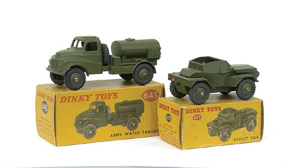 Dinky 643 Austin Water Tanker & 673 Scout Car: No.643 Austin Army Water Tanker - Near Mint (rubs to roof) in Good crushed yellow box (No.73 added in ink to one end flap) and No.673 Scout Car - Excellent Plus (rather uneven factory paint finish) in