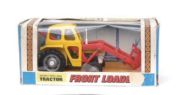 Britains No.9572 Massey Ferguson 135 Tractor: No.9572 Massey Ferguson 135 Tractor with front loader shovel - yellow, grey chassis, white plastic exhaust stack and seat, driver, red plastic hydraulic rams and bucket, silver-grey plastic hubs - Nea