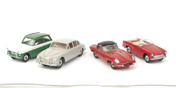 Dinky - a group of 4 cars: No.112 Austin Healey Sprite - red, cream interior, spun hubs, No.120 Jaguar E Type -red, black detachable hard top, No.195 Jaguar 3.4 - light grey, red interior, spun hubs (baseplate repainted), and N