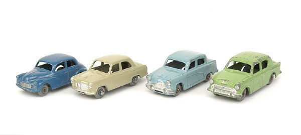 Matchbox - A group of 4 unboxed: A group of 4 unboxed which includes - (1) No.30 Ford Prefect - greyish brown, metal wheels, (2) No.36 Austin - pale blue, metal wheels, (3) No.46 Morris Minor 1000 - blue, grey plastic wheels and (4)