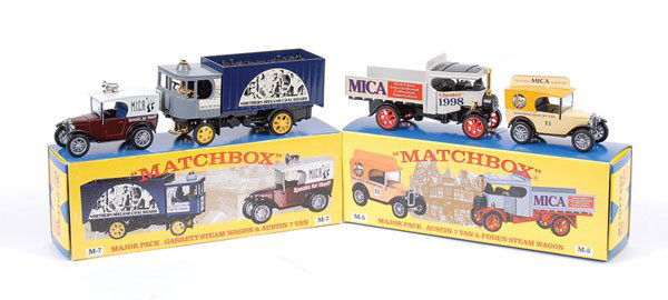Matchbox MOY No.M5 Gift Set: Matchbox Models of Yesteryear No.M5 Gift Set comprising of Y27 Foden Steam Wagon "Chester 1998" - pale grey body, black chassis, red wheels and No.Y65 Austin 7 Van - cream, yellow and No.M7 Gift Set c