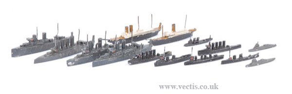 Bassett-Lowke or similar Slush Cast Ships: Bassett-Lowke or similar slush cast Ships - lot comprises a group of Waterline slush cast ship models, including 4 x grey Warships, 6 x black smaller vessels, scarce Cargo Ship, 2 x Submarines, c.1912